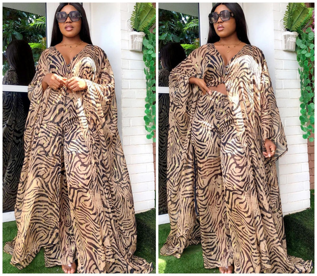 Ensemble deux pièces : cardigan en mousseline et pantalon ample (style robe africaine)