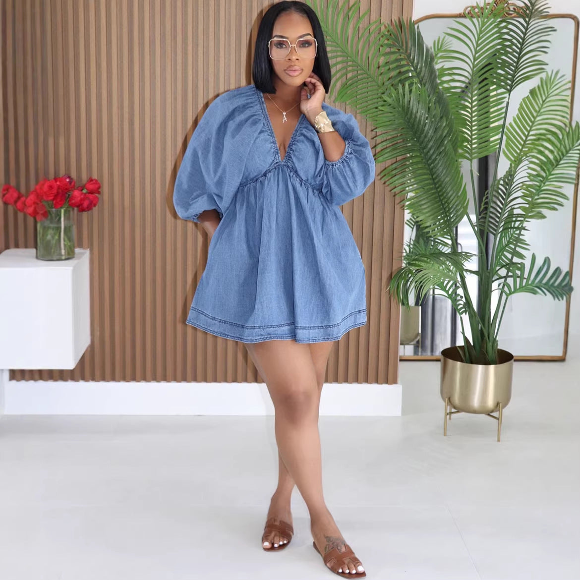 Robe mini en jean sexy pour femme, décolleté plongeant et manches bouffantes