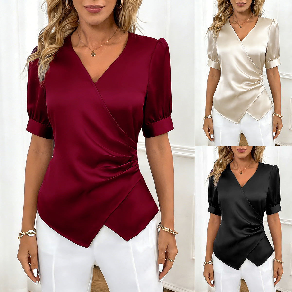 Plain V-neck T-shirt, slim fit and short sleeves