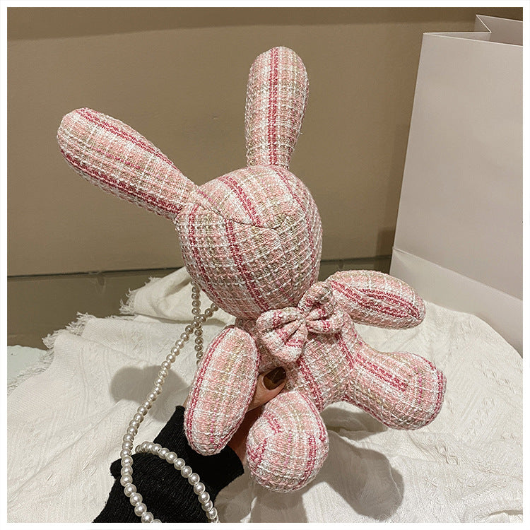 Cute Red Mesh Rabbit Handbag for Doll, Trendy Girl's Bag with Pearl Chain and Coin Purse