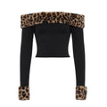 Pantalon taille basse duveteux imprimé léopard pour femme, T-shirt moulant asymétrique à manches longues, ensemble décontracté