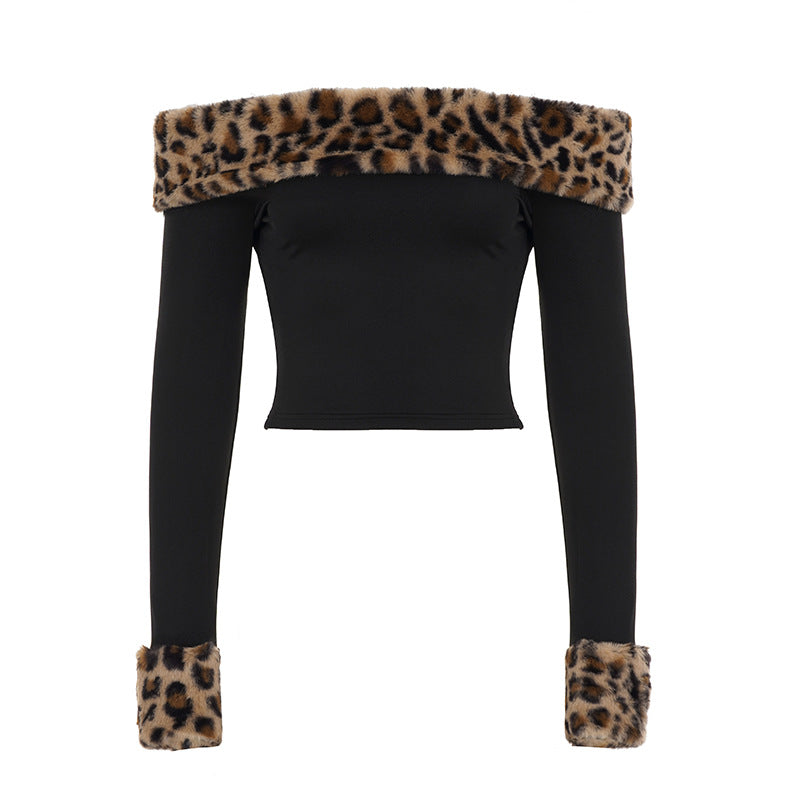 Pantalon taille basse duveteux imprimé léopard pour femme, T-shirt moulant asymétrique à manches longues, ensemble décontracté