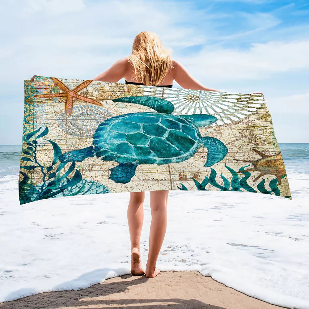 Serviette de plage en microfibre ultra-fine à motif de tortue marine – Serviette de bain double face à séchage rapide – Tapis de plage anti-sable