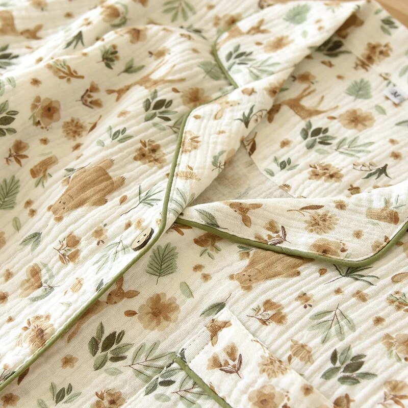 Ensemble de pyjama 2 pièces pour femme (été) – 100 % coton (gaze) – Manches courtes, imprimé floral – Vêtement d'intérieur / Tenue de nuit