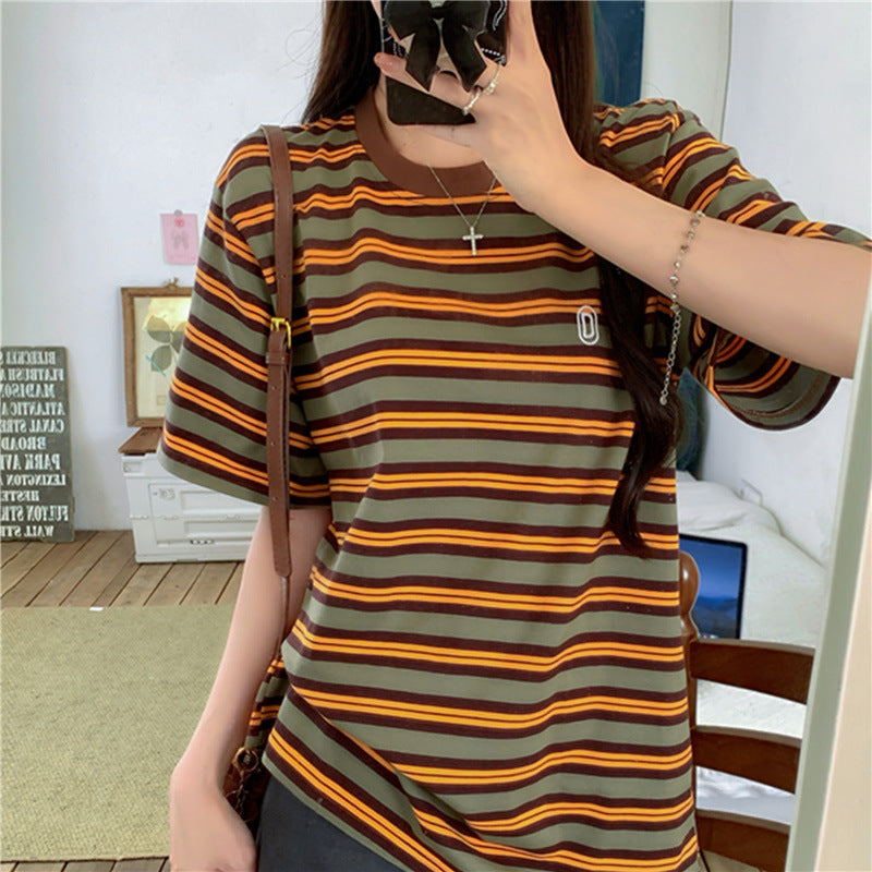 Women's Casual Vintage Color-Block Striped Short-Sleeve T-shirt