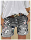 Short en jean imprimé taille haute élastique pour femme, fermeture boutonnée, grande taille, modèle tendance