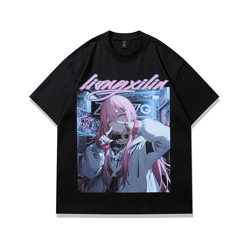 25.61 USD T-shirt à imprimé dessin animé pour couple, manches courtes, coupe ample, homme