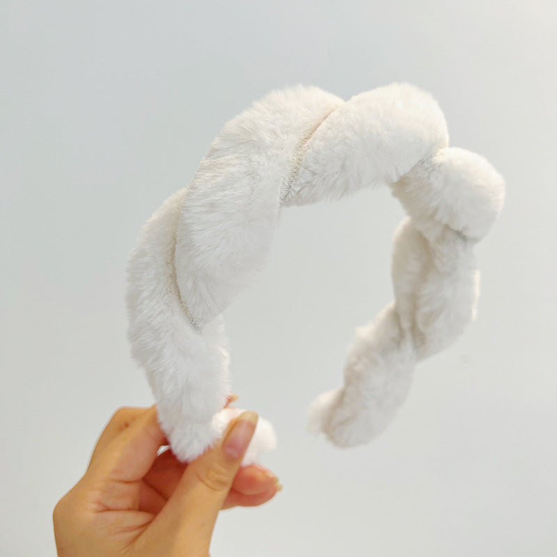 USD 15.72 - Faux Rabbit Fur Braided Headband, Cute Fluffy Solid Color Hair Accessory R526