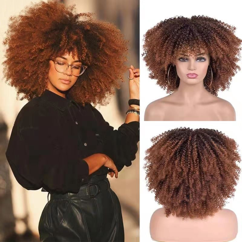 Perruque afro bouclée noire en fibres synthétiques, ensemble complet