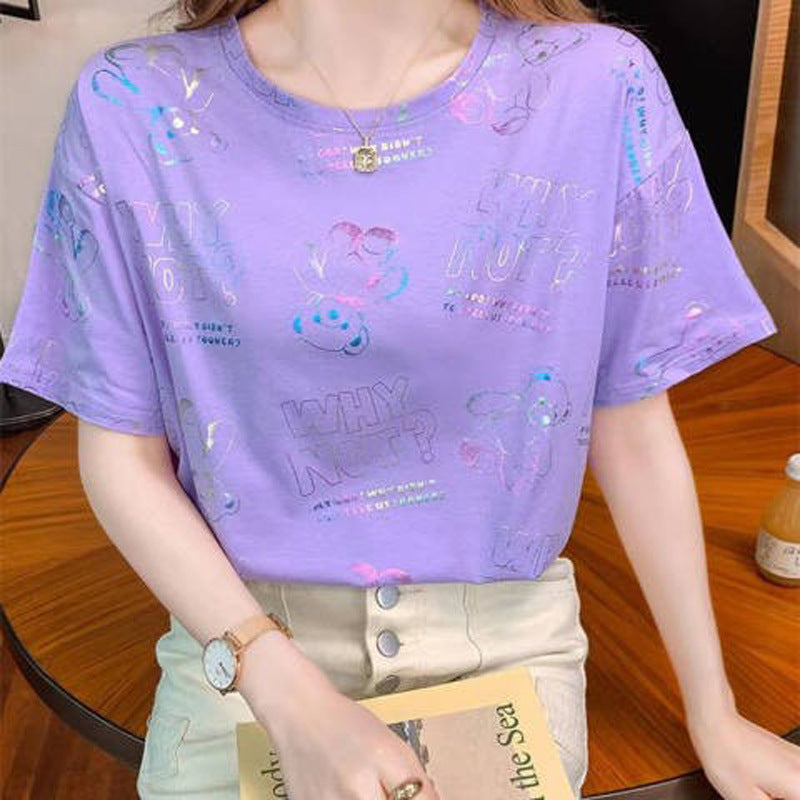 T-shirt décontracté à manches courtes pour femme en mélange de coton, coupe ample et épaules classiques
