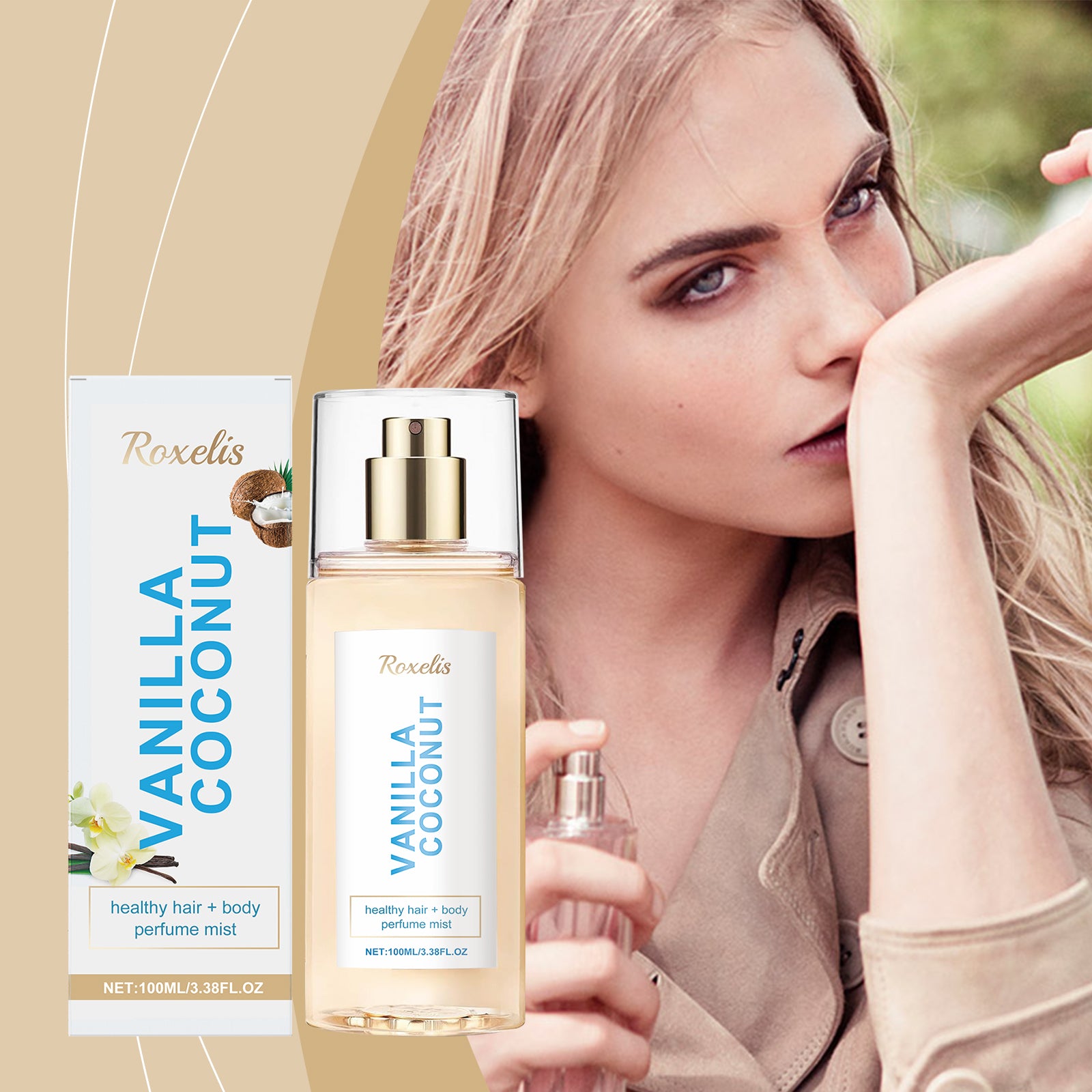 Roxelis Vanilla Coconut body mist, long-lasting with unique charm. A fresh, romantic and travel-friendly scent.
