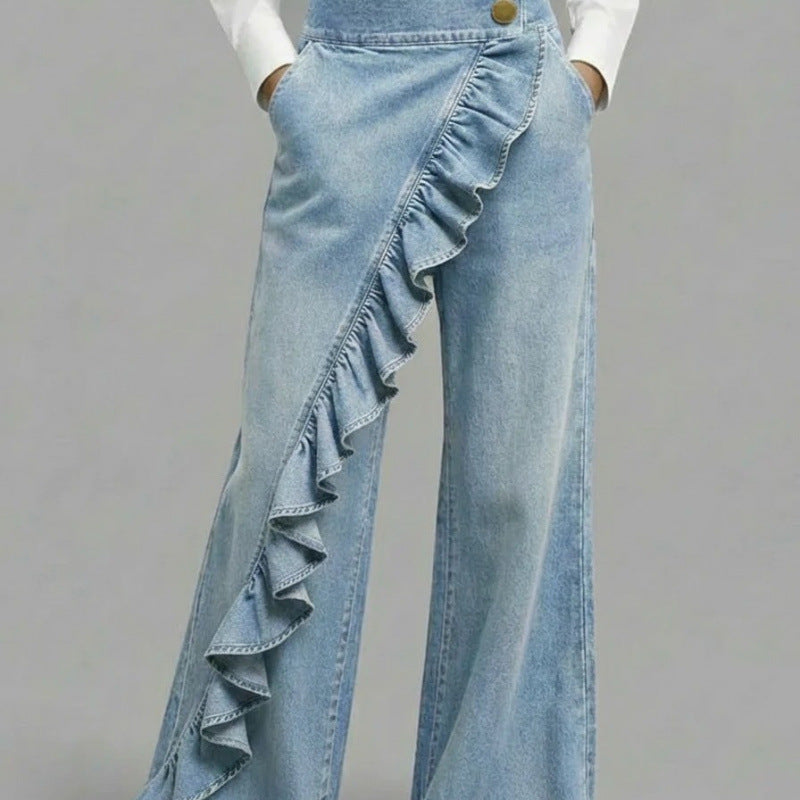 Pantalon vintage en denim véritable taille mi-haute asymétrique pour femme - Collection printemps-été