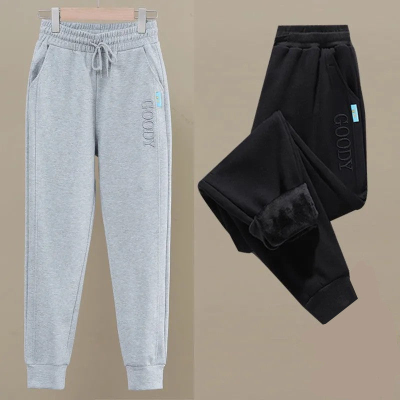 Pantalón de invierno de vellón grueso y holgado para mujer, cintura elástica adelgazante y dobladillo ajustado, estilo bombacho.
