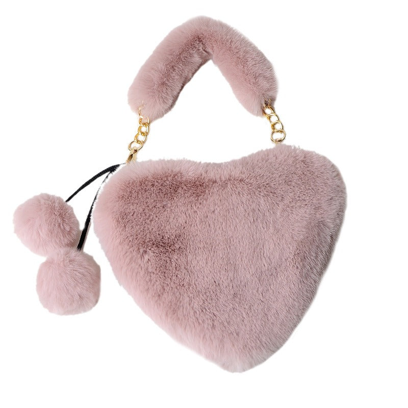 Women's Cyber Red Fashion Plush Heart-shaped Handbag, Slanted Style, with Hair Clip and Wallet.