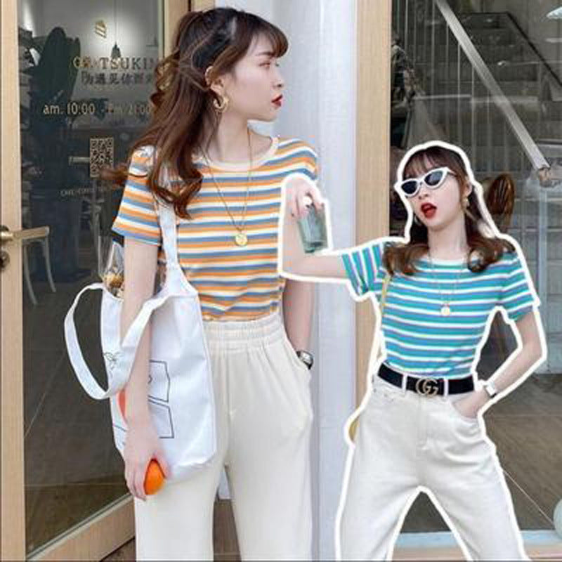 Fashion Stripe Short Sleeve T-Shirt Women Slim Fit Casual Top Student  Basic Tee