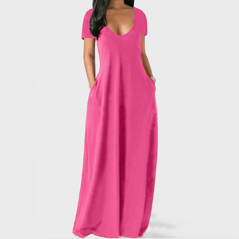 Robe d'été grande taille unie pour femme, sexy, décolleté plongeant en V, manches courtes, longue