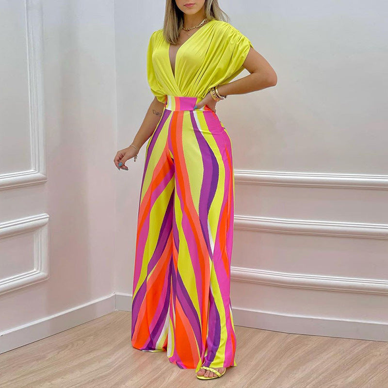 Ensemble décontracté et élégant pour femme, composé d'un pantalon taille haute imprimé à col en V et jambes larges, collection printemps-été.