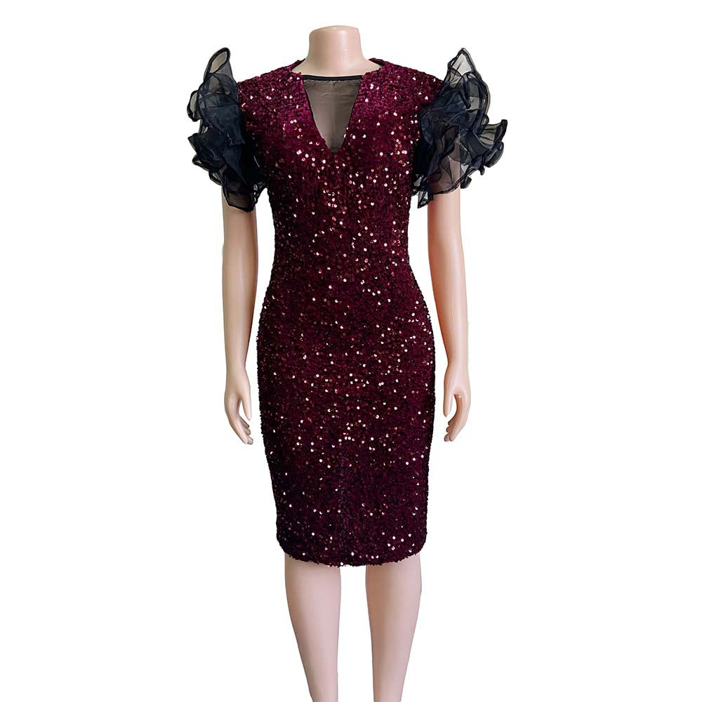 Robe de soirée africaine moulante en velours et résille à sequins