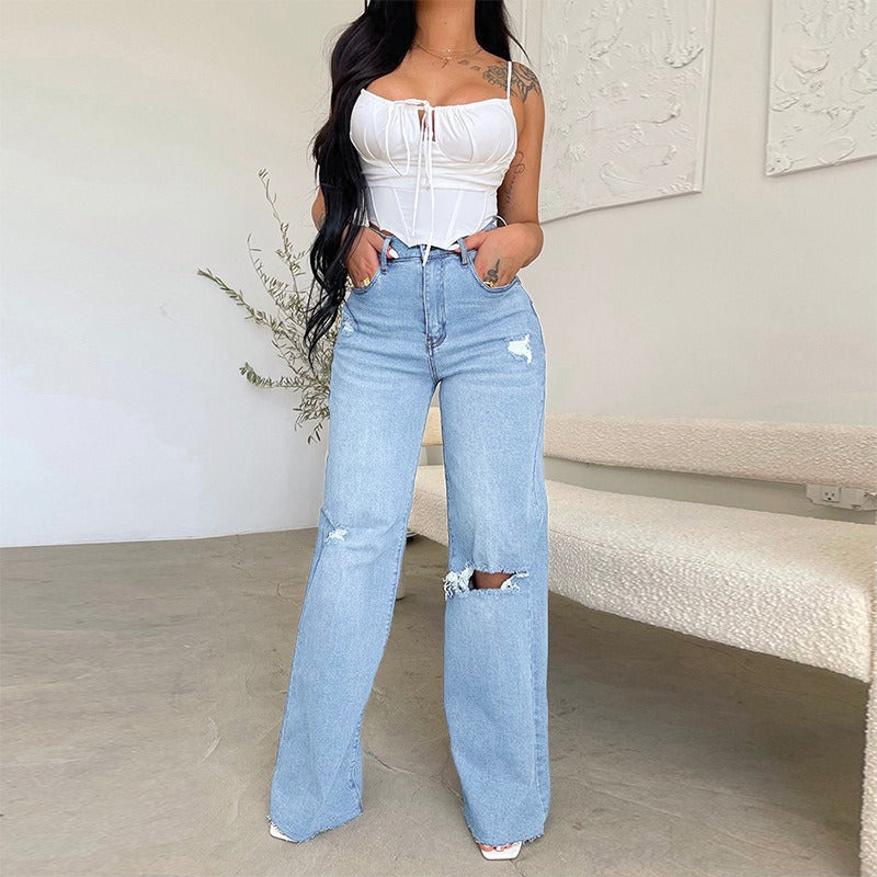 Pantalon femme, jean déchiré, pantalon en denim taille haute, pantalon en denim à jambes larges, vêtements en denim bleu, jean vintage, mode décontractée, pantalon droit