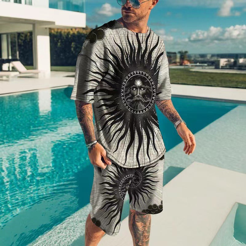 Men's casual round-neck short-sleeved t-shirt set with 3D print