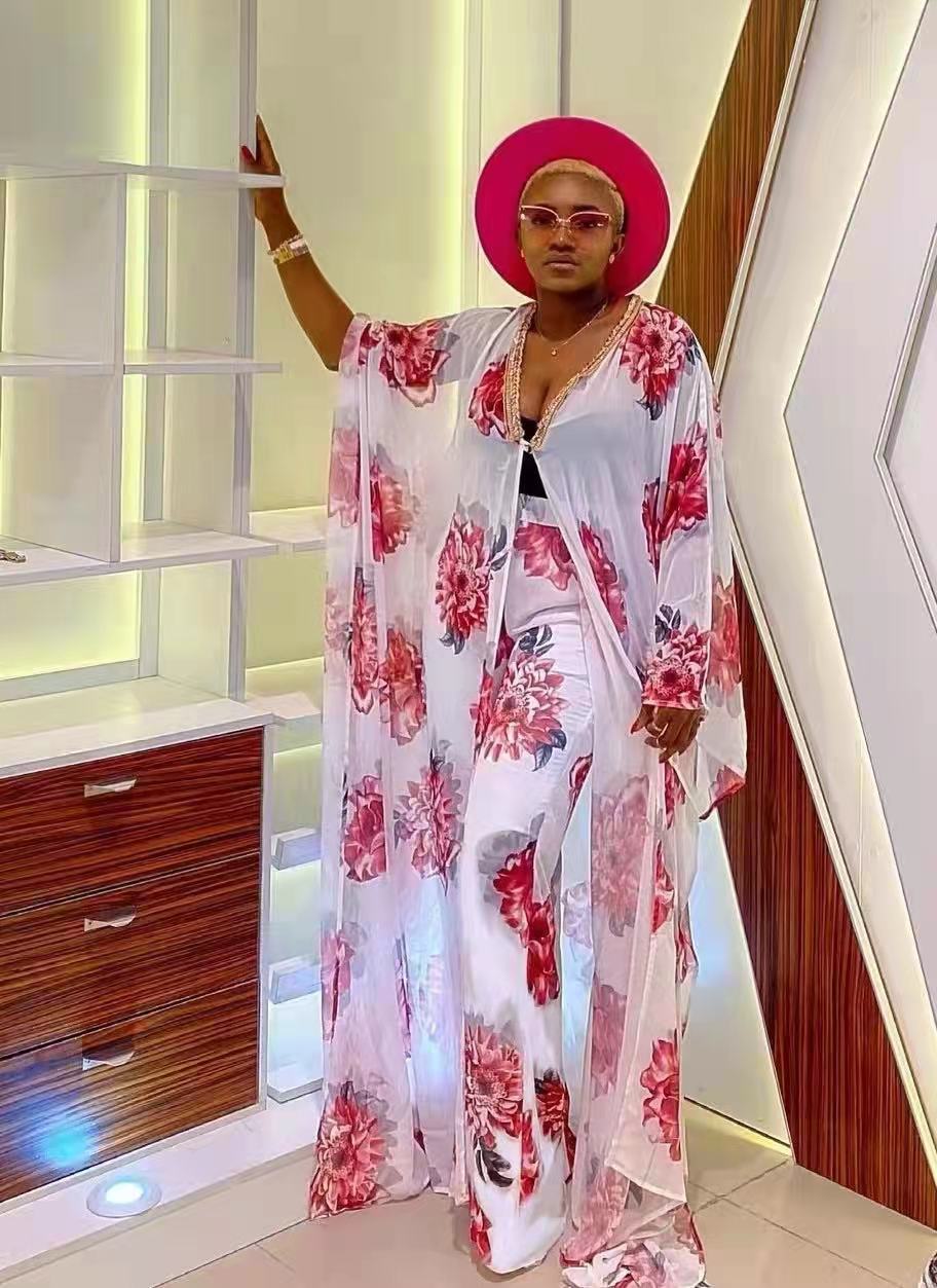 Ensemble deux pièces : cardigan en mousseline et pantalon ample (style robe africaine)