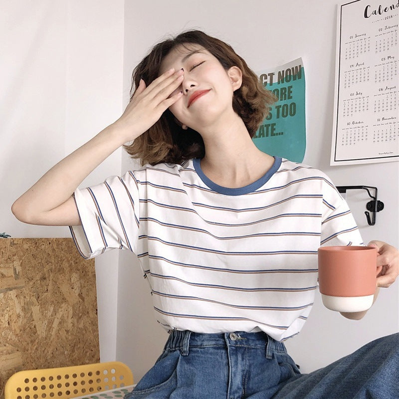 Academy Style Loose Slim Fit Striped Student Top Women's T-Shirt Casual Short Sleeve Tee