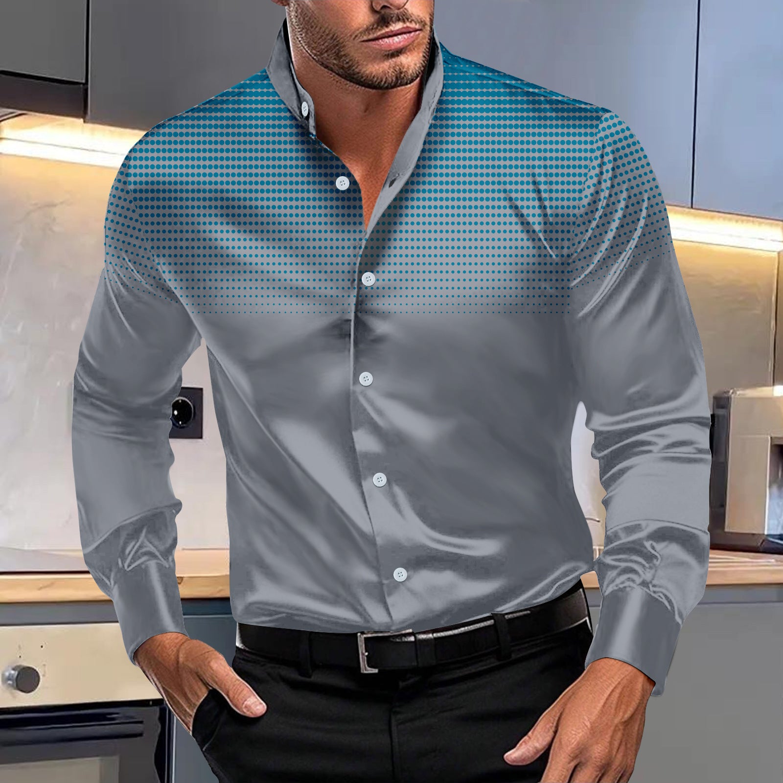 33.76 USD Chemise décontractée pour homme à col montant et manches longues, imprimée de pois ronds sur toutes les faces.