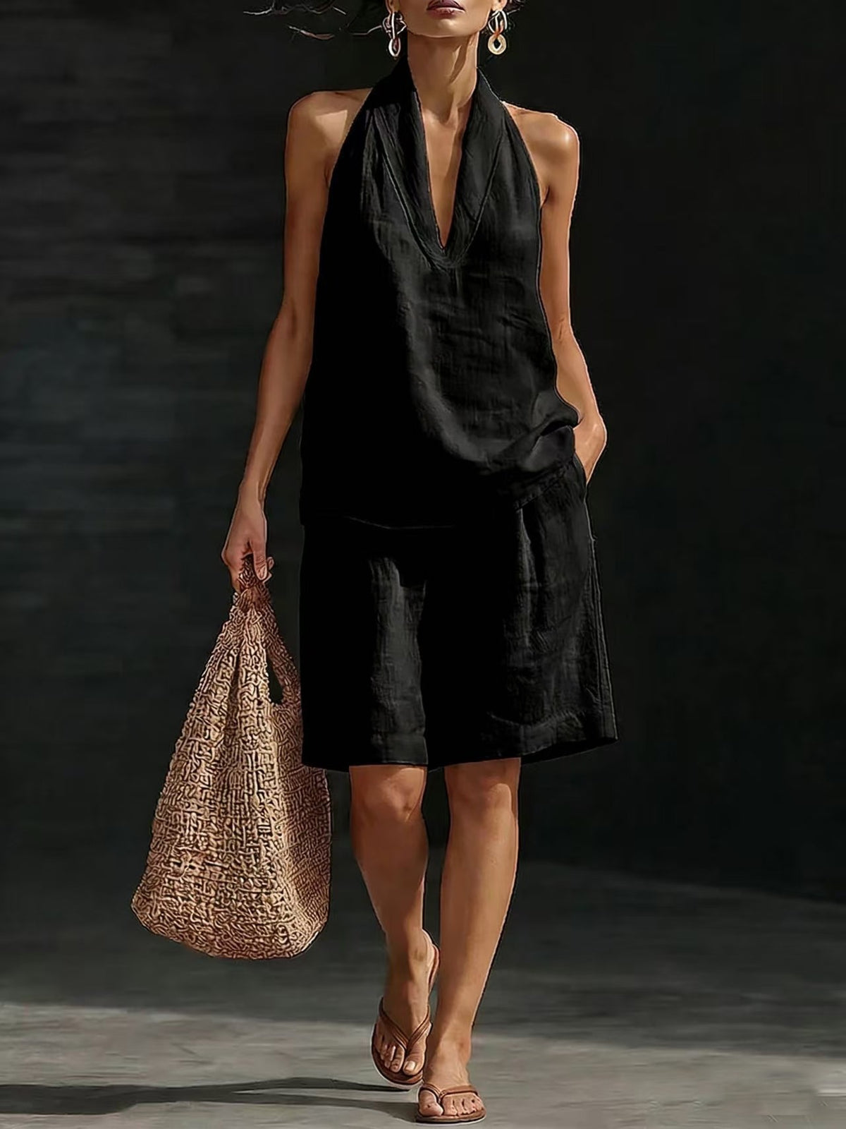 Ensemble décontracté pour femme (gilet et short) en mélange lin-coton, coupe ample tendance, style printemps-été