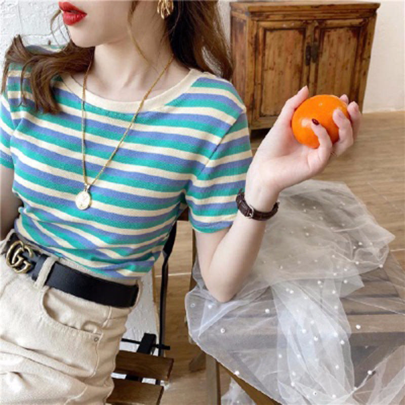 Fashion Stripe Short Sleeve T-Shirt Women Slim Fit Casual Top Student  Basic Tee