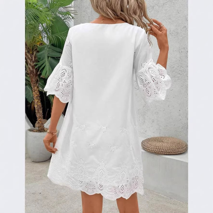 Robe femme unie à manches cinq-quarts et broderie ajourée