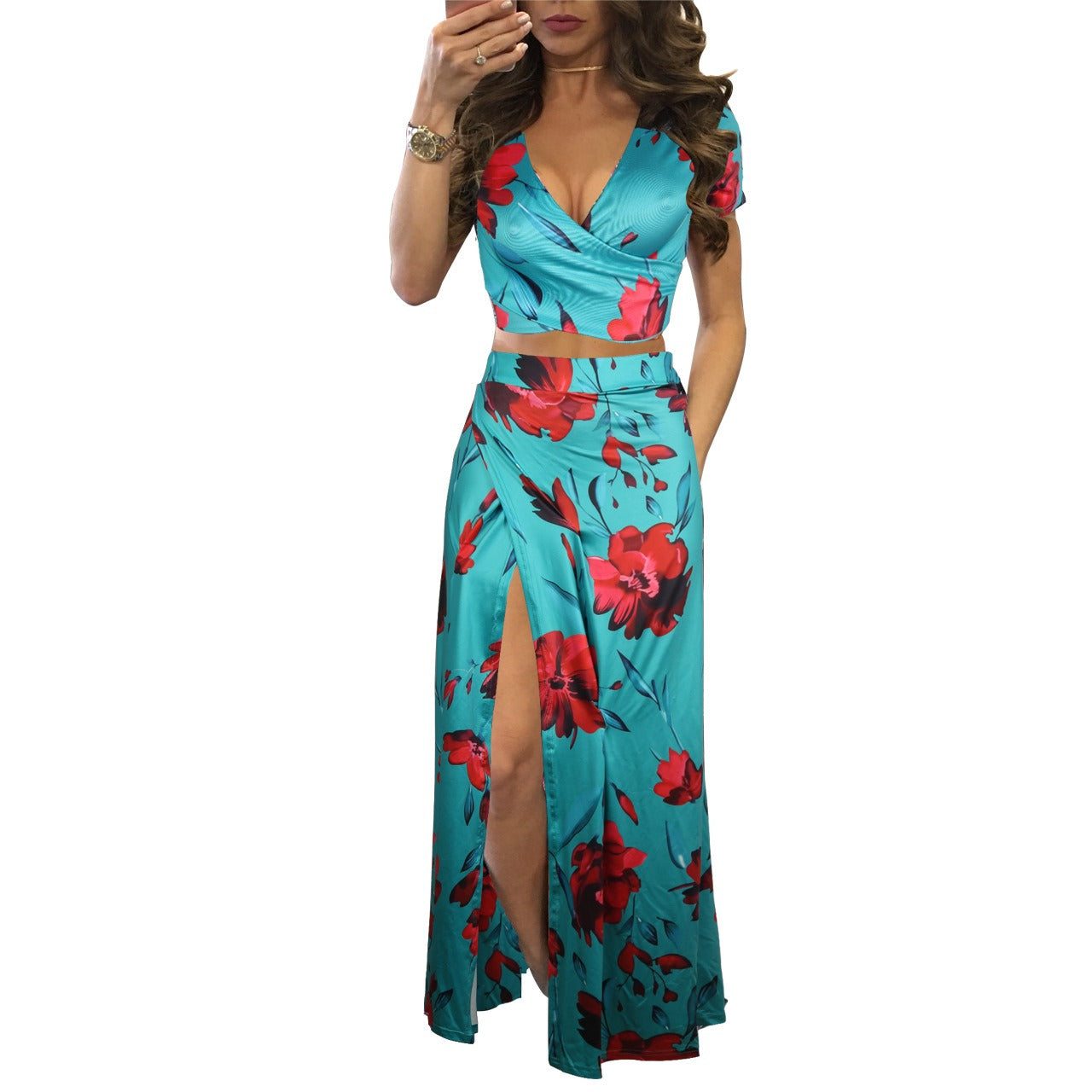 25,54 USD - Ensemble deux pièces robe fleurie classique en promotion