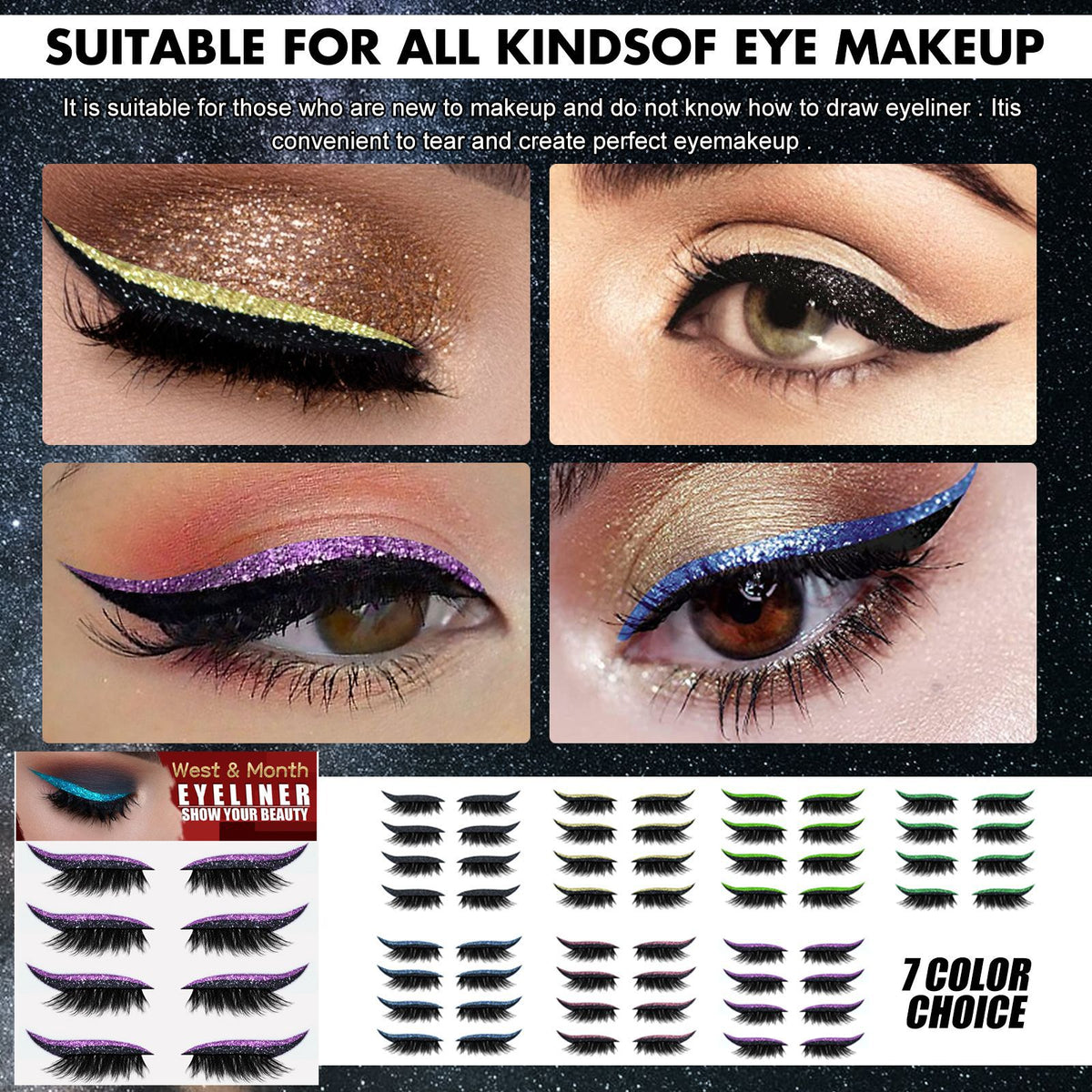 Lot de 4 paires d'autocollants eyeliner et faux cils, bandes de gel auto-adhésives sans colle et faux cils recourbés.