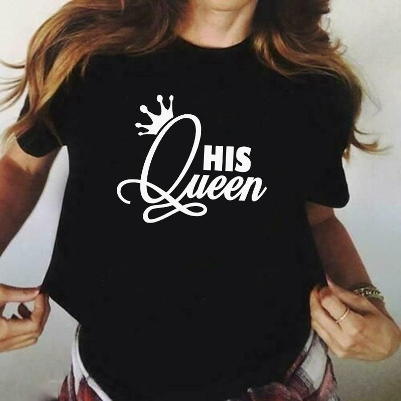 17.46 USD T-shirts à manches courtes pour couples, imprimé couronne roi/reine, style décontracté