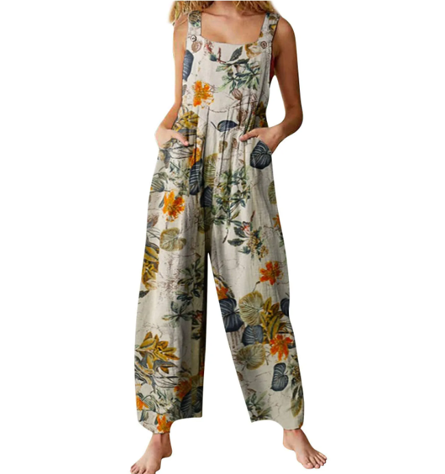 Combinaison en coton-lin décontractée pour femme – Sans manches, coupe ample, jambes larges, grandes tailles, style salopette longue et ample avec poches