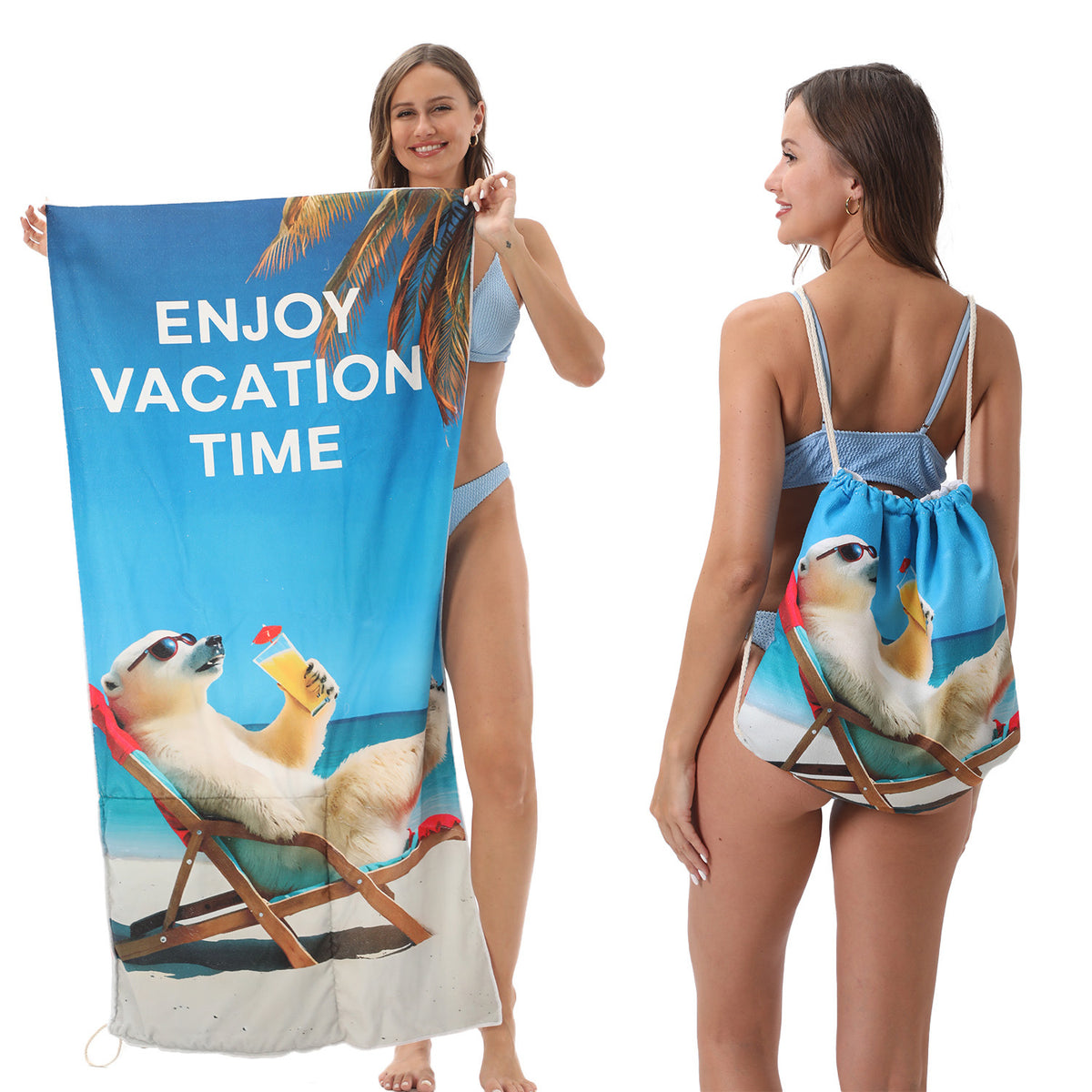 Serviette de plage pliable 2-en-1 et serviette de bain imprimée – Serviette de plage tout-en-un avec sac de rangement