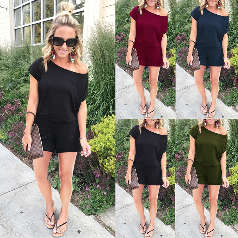 Combinaison femme tendance à épaules asymétriques, manches courtes et poches, disponible en 6 couleurs