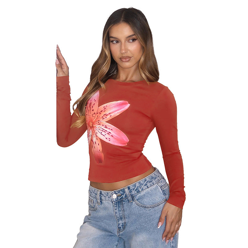 Floral print long-sleeved crew-neck crop top