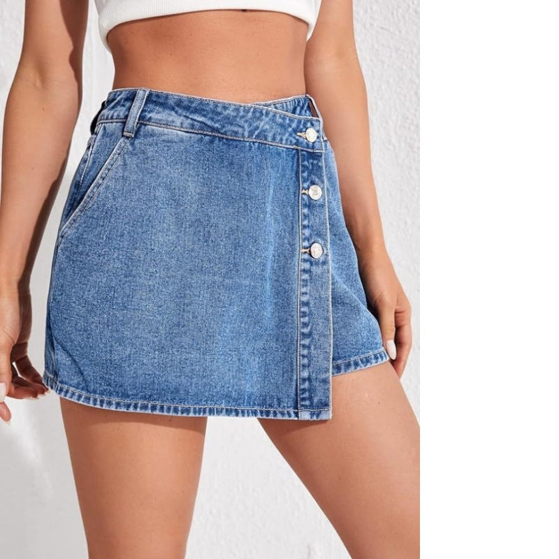 Women's Fashionable High-Slit Plain Cotton Denim Skort