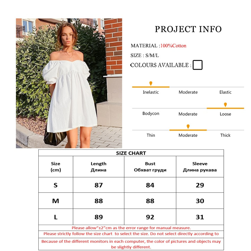Sexy Off Shoulder White Women Dress Cotton Big Puff Sleeve Dress Short A-line Summer Mini Dress Ladies Pleated Loose