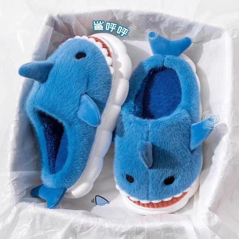 Women's Cotton Slippers, Winter, Cute Shark Design, Thick Fleece Lining, Non-Slip, Silent, and Warm.