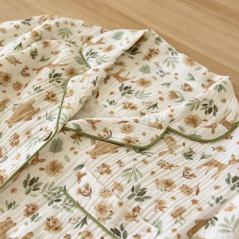 Ensemble de pyjama 2 pièces pour femme (été) – 100 % coton (gaze) – Manches courtes, imprimé floral – Vêtement d'intérieur / Tenue de nuit