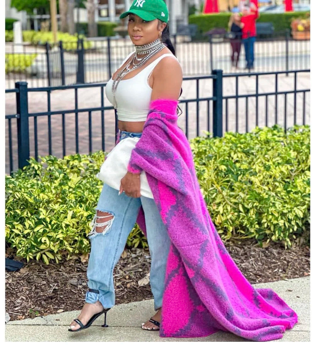 Nouveauté mode : coup de cœur des blogueuses américaines – Kimono-pull mosaïque magenta, long gilet chaud ouvert pour femmes (grandes tailles / style africain).