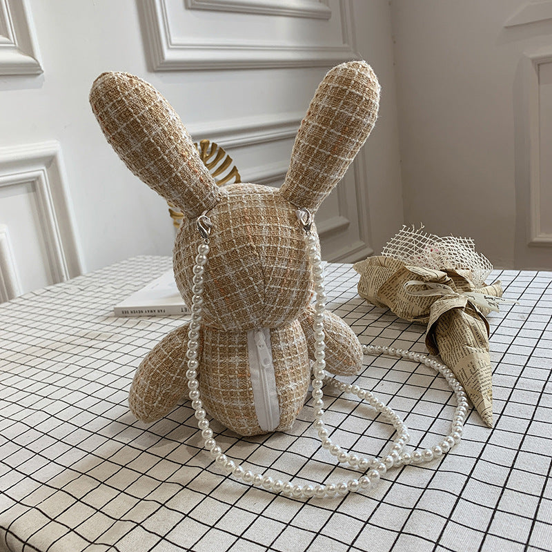 Cute Red Mesh Rabbit Handbag for Doll, Trendy Girl's Bag with Pearl Chain and Coin Purse