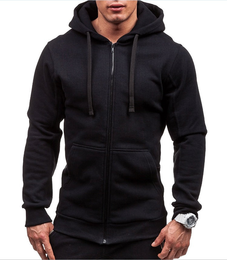 New Men's Casual Hooded Zip Cardigan, Solid Color