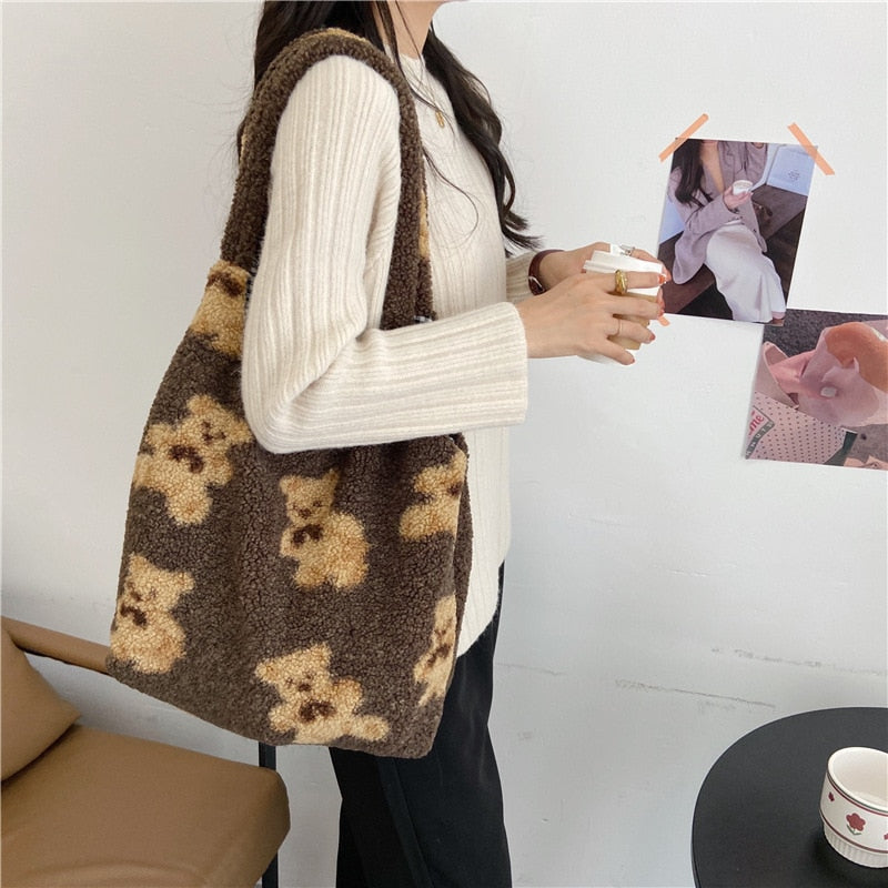 $17.71 - Women's lambskin-look tote bag, soft and fluffy canvas, teddy bear style, large capacity, soft, ideal for shopping or school. Cute school bag for girls.