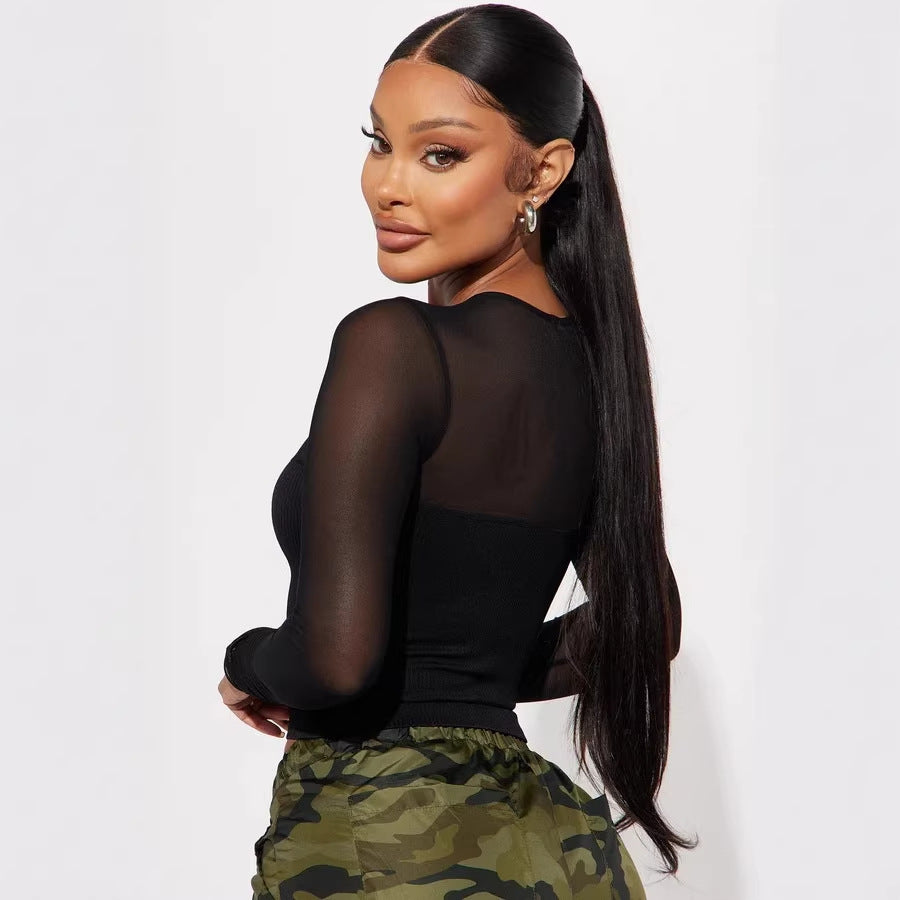 Chic long-sleeved crop top for women with mesh inserts, ideal for spring and summer. A versatile, sexy, and casual crop top for girls.