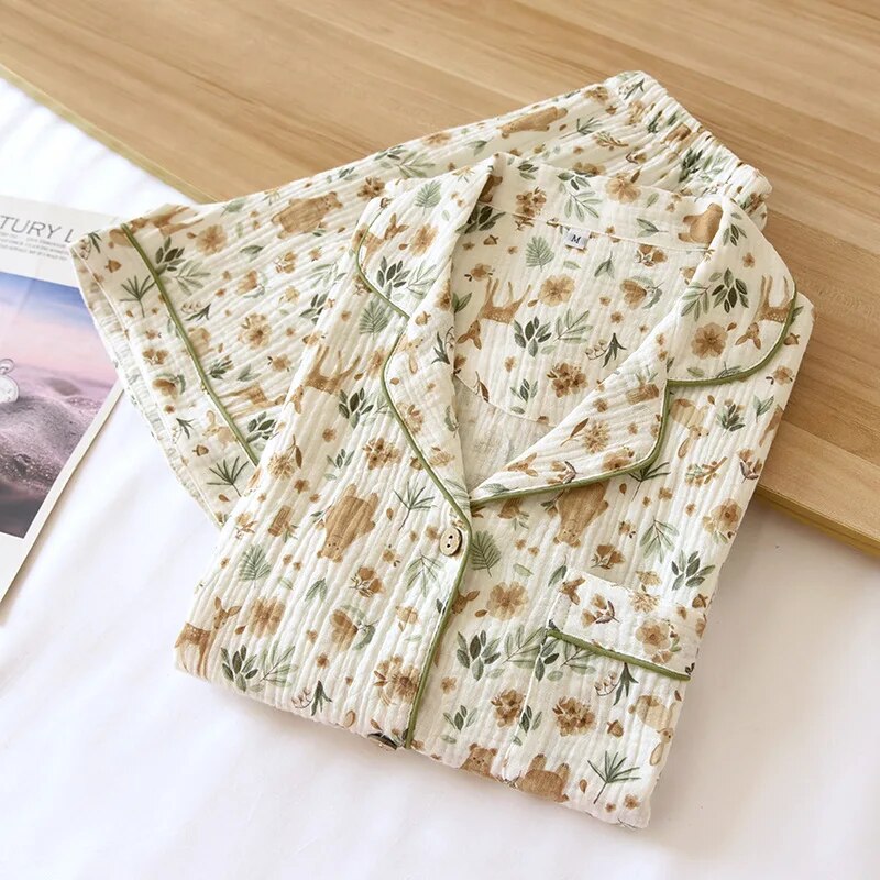 Ensemble de pyjama 2 pièces pour femme (été) – 100 % coton (gaze) – Manches courtes, imprimé floral – Vêtement d'intérieur / Tenue de nuit