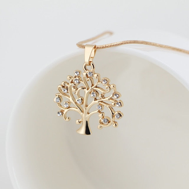 Collier pendentif Arbre de Vie, bijou femme tendance en cristal et or rose, collier tendance
