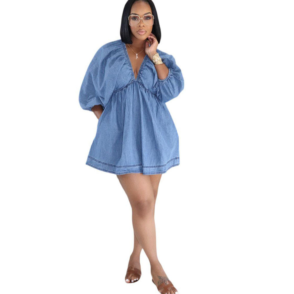Robe mini en jean sexy pour femme, décolleté plongeant et manches bouffantes
