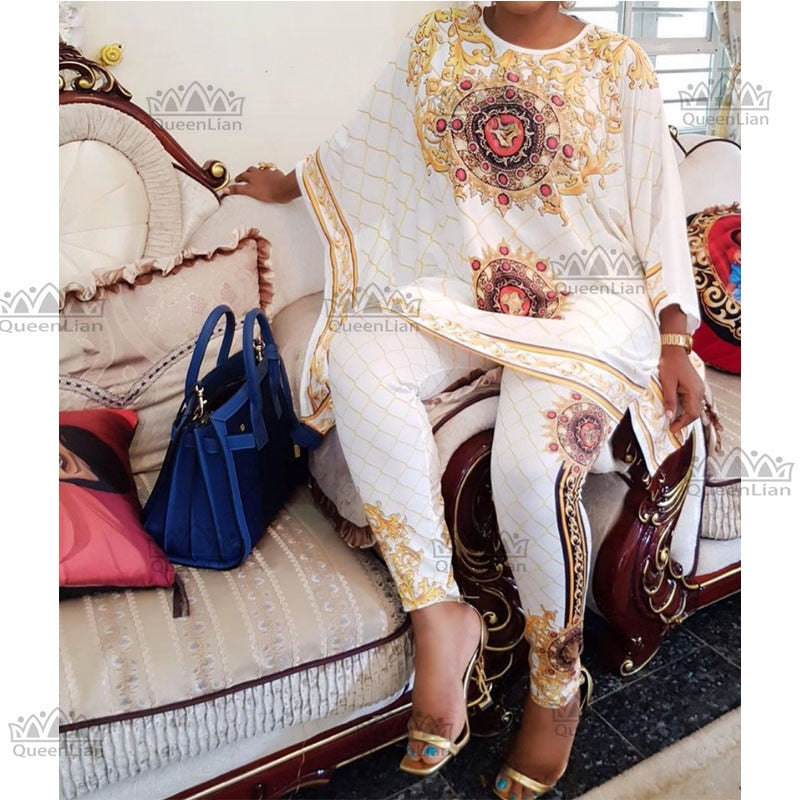 Ensemble 2 pièces style africain  – Haut et pantalon – Tissu très extensible – Grande taille – Idéal pour les soirées